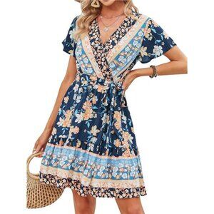Women's Summer Wrap V-Neck Bohemian Floral Mini Dress – Ruffle Swing A-Line